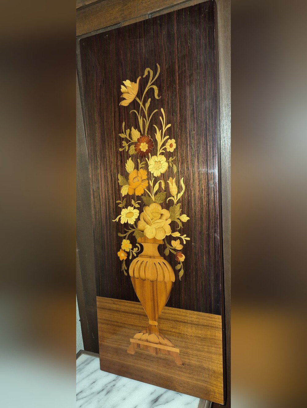 Vintage Wooden Marquetry Wall panel featuring an intricate floral arrangement